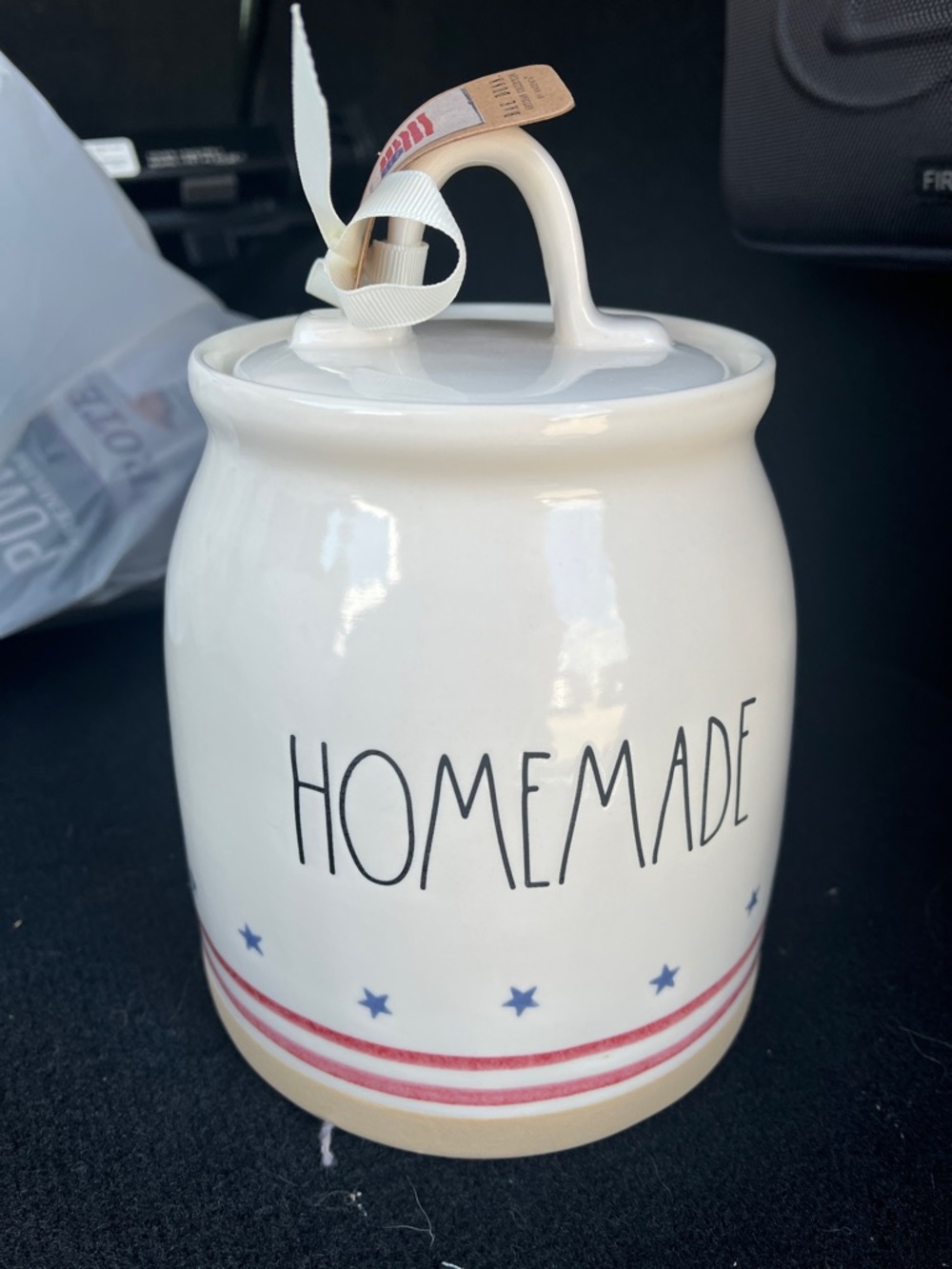 Rae Dunn Cream Ceramic HOMEMADE Canister with Red Stripes and Blue Stars